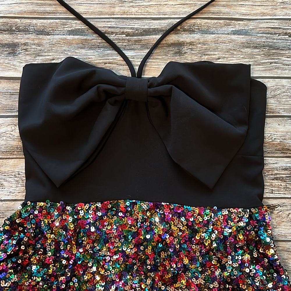 TCEC Strapless Black Bow Top Multi-Colored Sequined Romper M - Picture 3 of 10